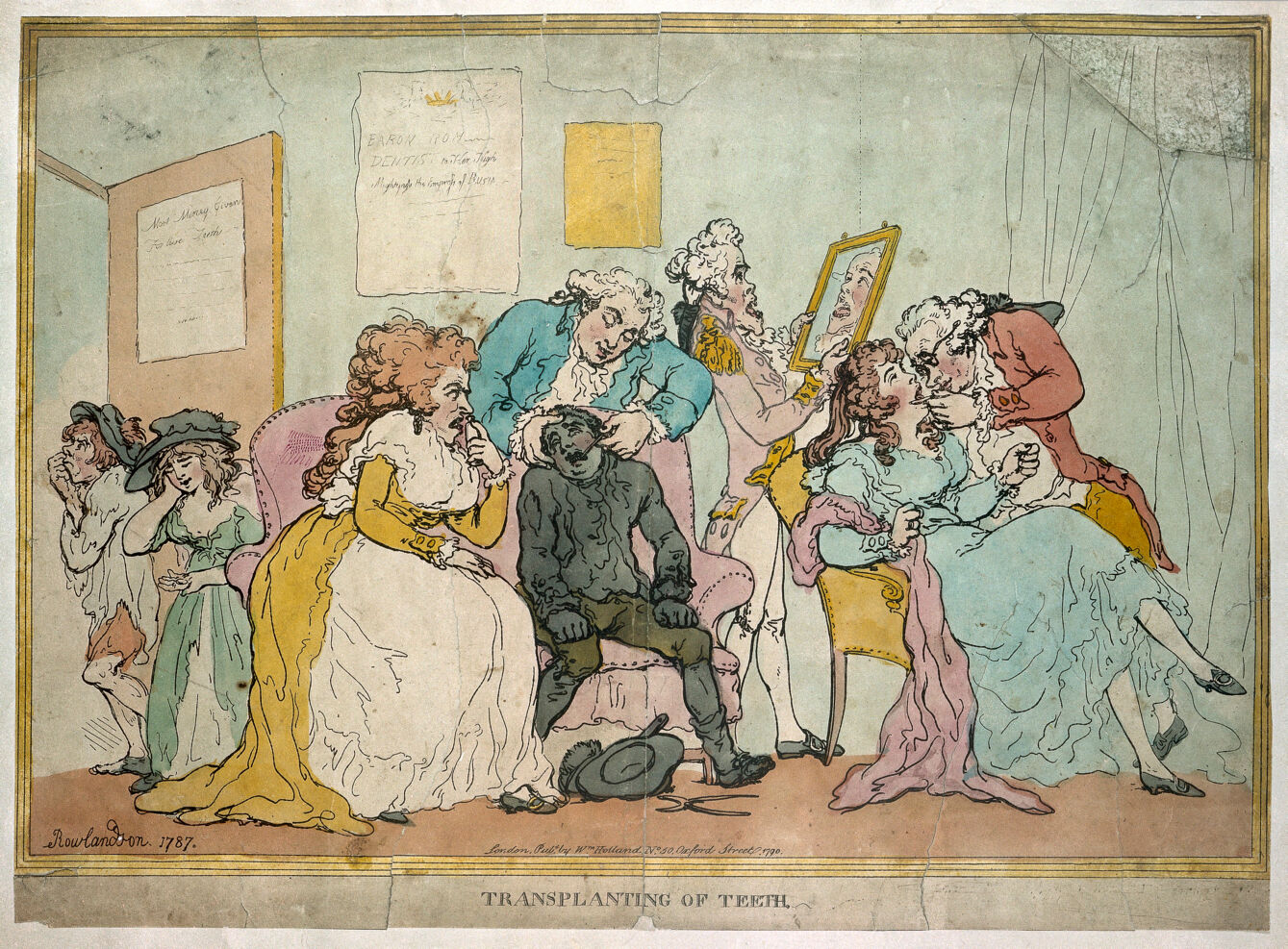 Dobová ilustrace Thomase Rowlandsona „Transplanting of teeth“ z roku 1787