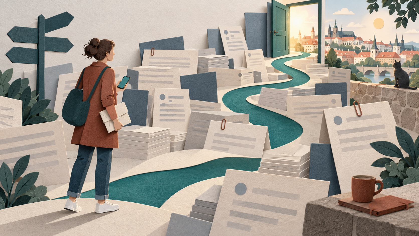 Papírová ilustrace člověka hledajícího cestu mezi seznamy a kontakty směrem k otevřeným dveřím.