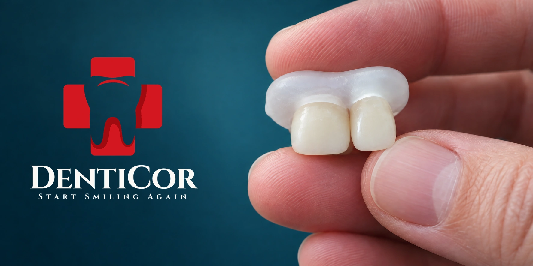 Příklad dvou korunek Denticor spojených můstkem DentiFlex, držených mezi prsty