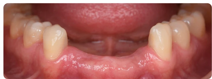 Vizuální postup pro tři sousední zuby v dolním oblouku – princip vložení Denticorového můstku s novými zuby a jeho dotvarování kolem okolních zubů