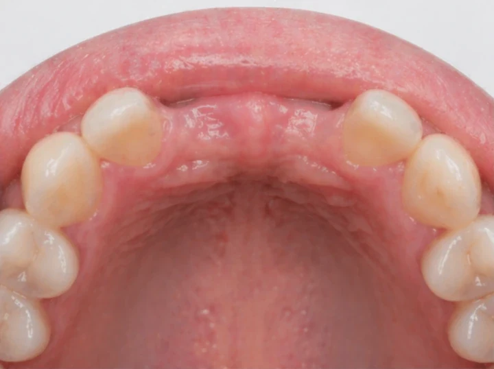 Denticor pro horní dva střední řezáky – pohled zezadu od patra: tvar můstku a dosednutí za novými zuby