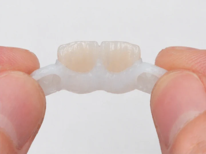 Denticor pro horní dva střední řezáky – pohled zezadu od patra: tvar můstku a dosednutí za novými zuby