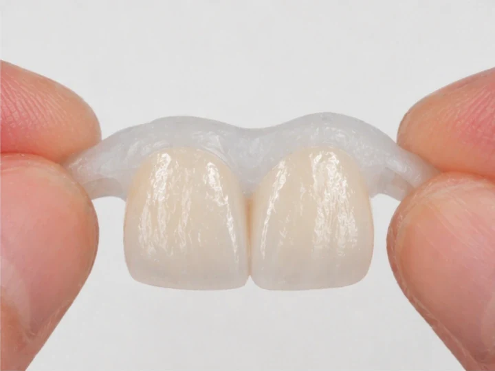 Denticor pro horní dva střední řezáky – pohled zepředu: mezera, připravená náhrada, vložení a výsledek