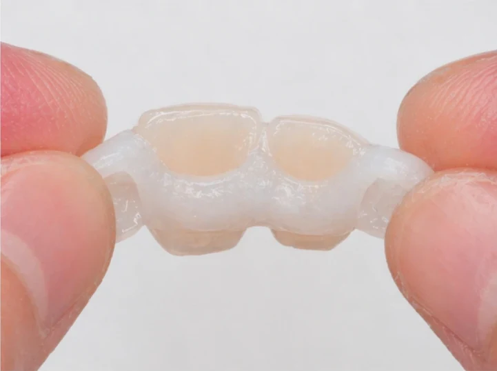 Denticor pro horní střední a boční řezák – pohled zezadu od patra: tvar můstku a dosednutí za novými zuby