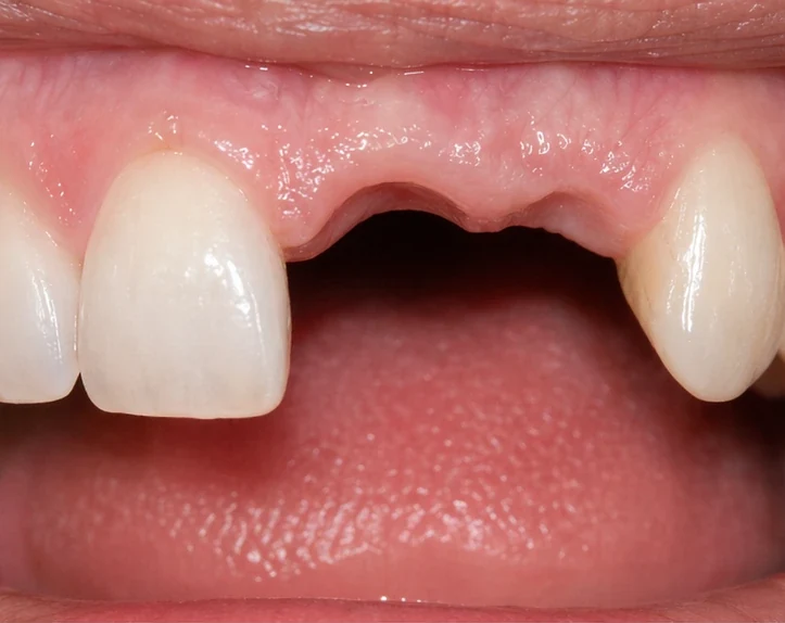 Denticor pro horní střední a boční řezák – pohled zepředu: mezera, připravená náhrada, nasazení a výsledek