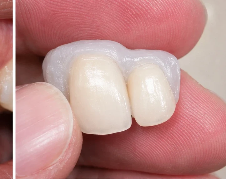 Denticor pro horní střední a boční řezák – pohled zepředu: mezera, připravená náhrada, nasazení a výsledek