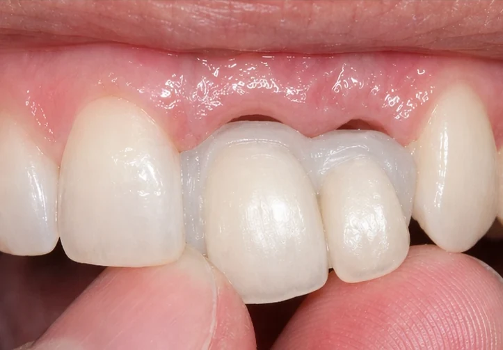 Denticor pro horní střední a boční řezák – pohled zepředu: mezera, připravená náhrada, nasazení a výsledek