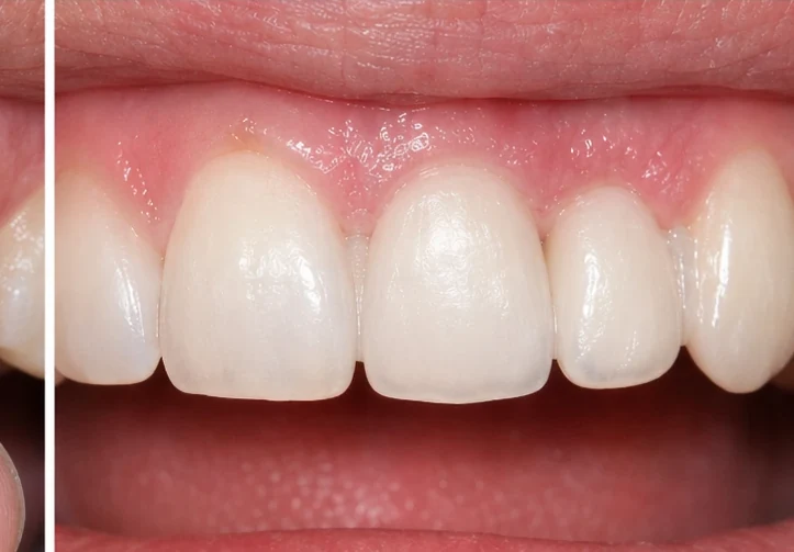 Denticor pro horní střední a boční řezák – pohled zepředu: mezera, připravená náhrada, nasazení a výsledek